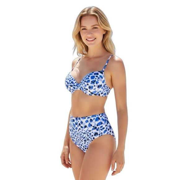 Tahari Blue White Leopard Bikini Set XL Twist Underwire High Waist Resort Swim - Picture 1 of 9